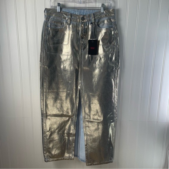 Levi's Dresses & Skirts - LEVI'S METALLIC GOLD REVOLVE DENIM MAXI SKIRT FRONT SLIT SZ 28 NWT
